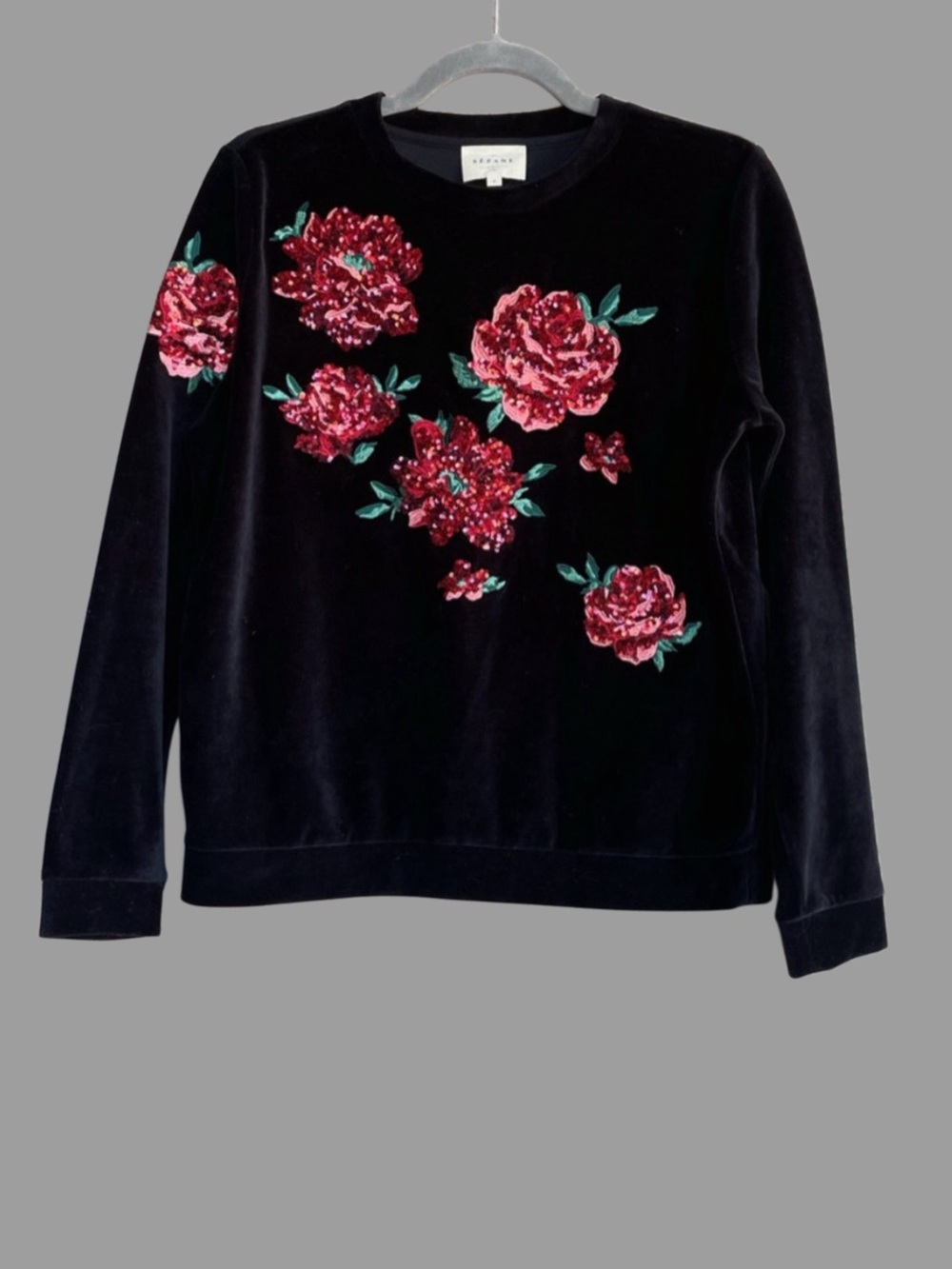 SEZANE Black & Red Sequin Rose Floral Embroidered Velvet Velour Sweatshirt Top